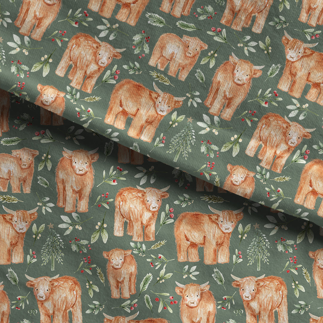 Festive Highland Coos Sage Fabric