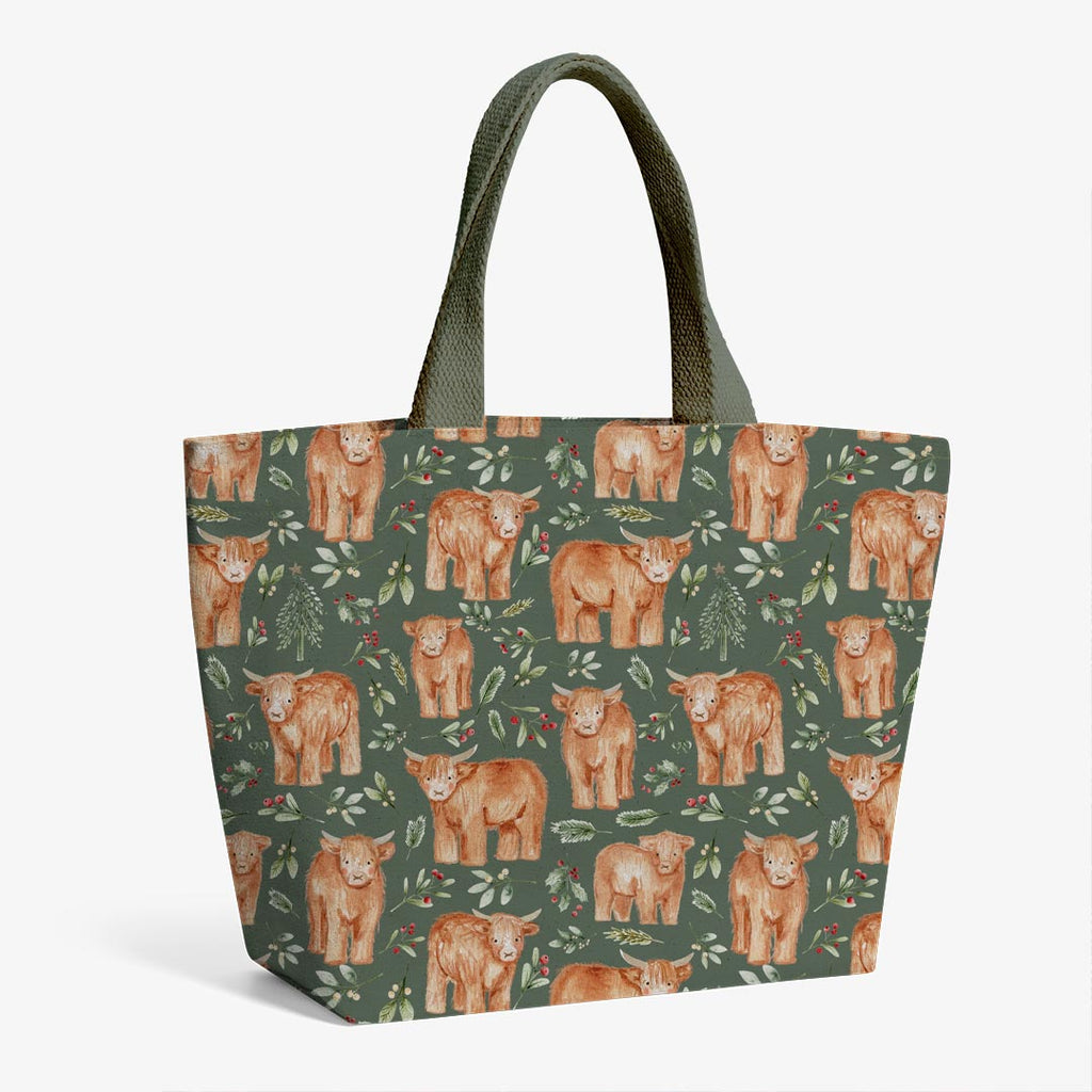 Festive Highland Coos Sage Fabric