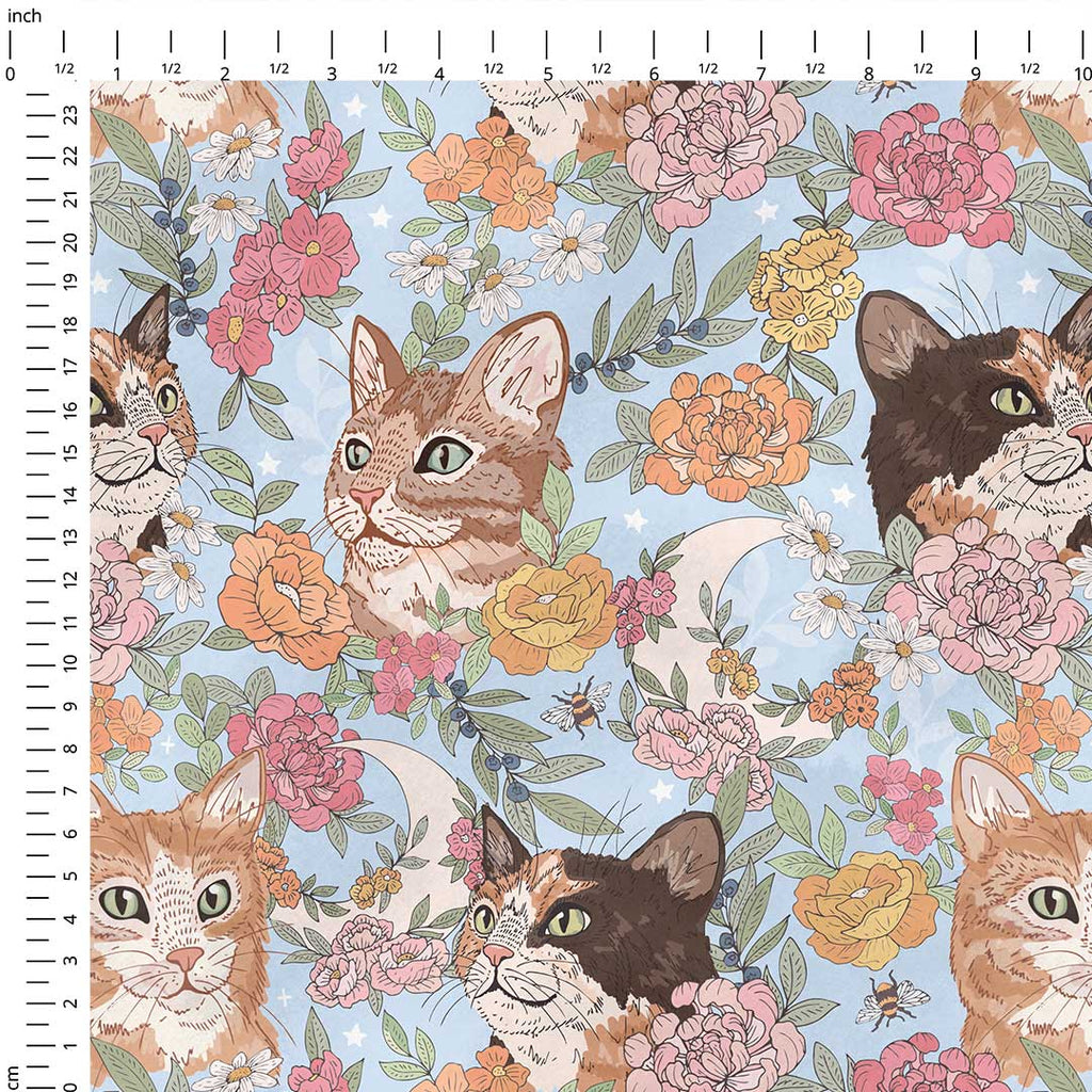 Floral Cats Blue Fabric