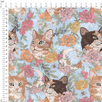 Floral Cats Blue Fabric