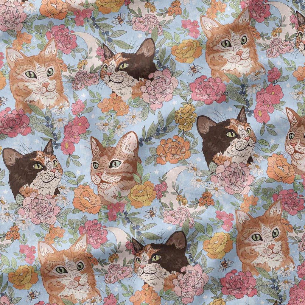 Floral Cats Blue Fabric