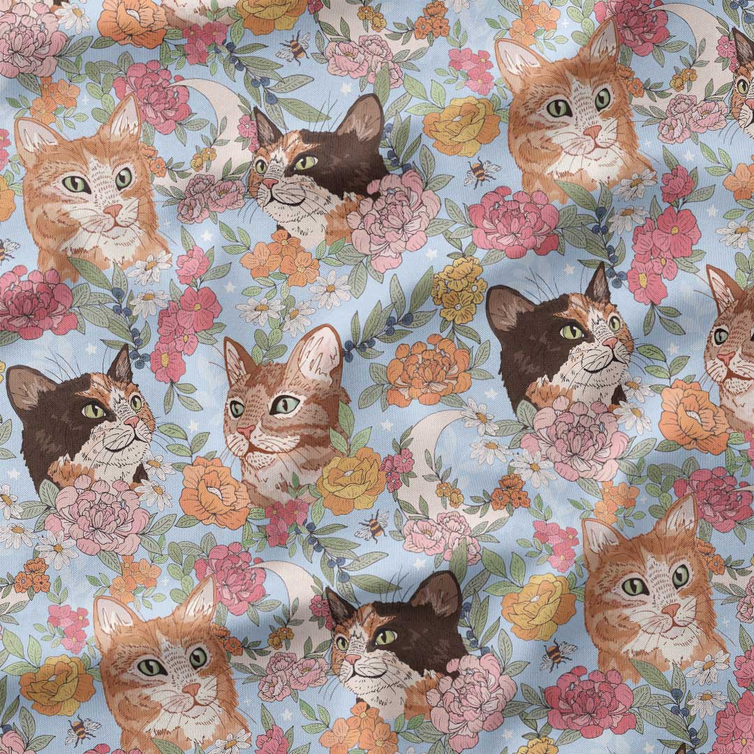 Floral Cats Blue Fabric