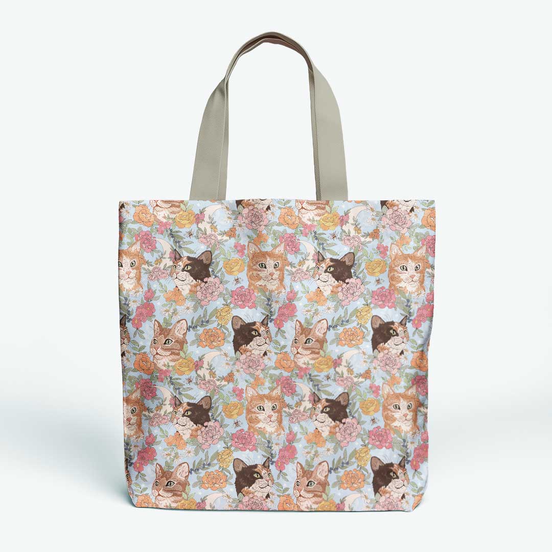 Floral Cats Blue Fabric