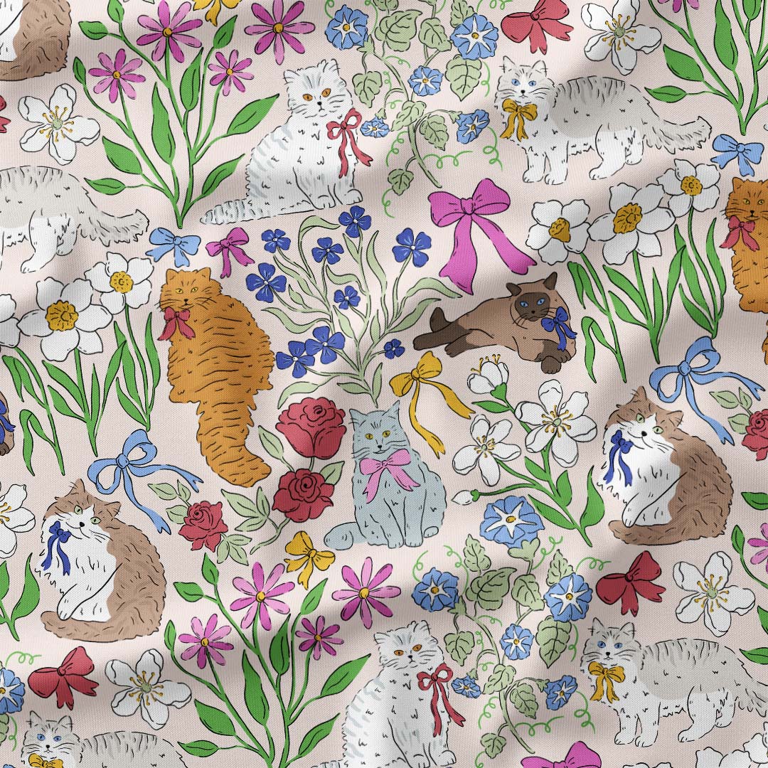 Floral Cats Cream Fabric
