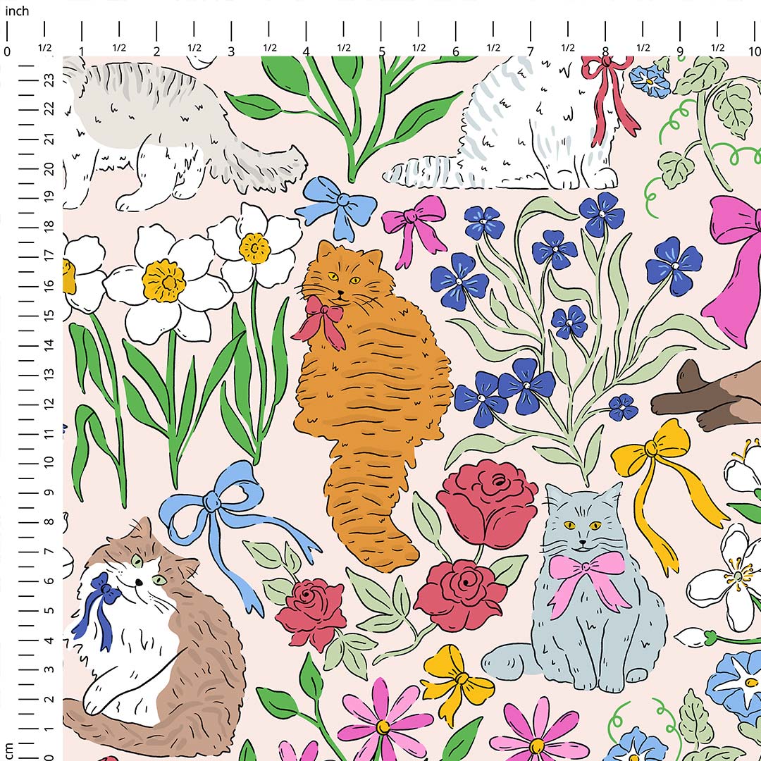 Floral Cats Cream Fabric