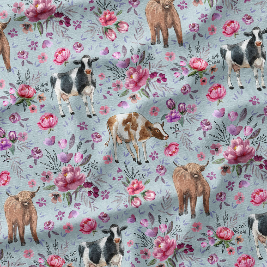 Floral Cows Aqua Fabric
