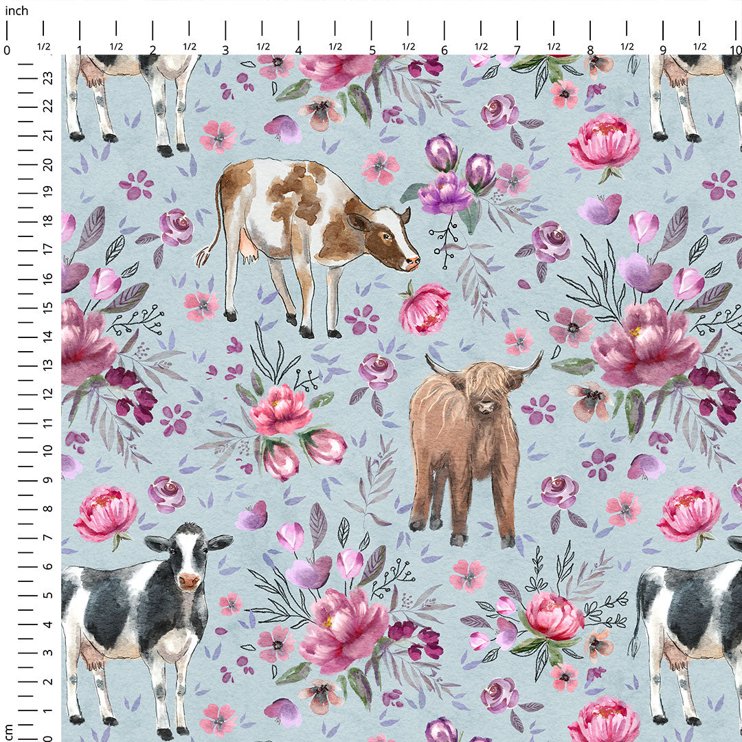 Floral Cows Aqua Fabric