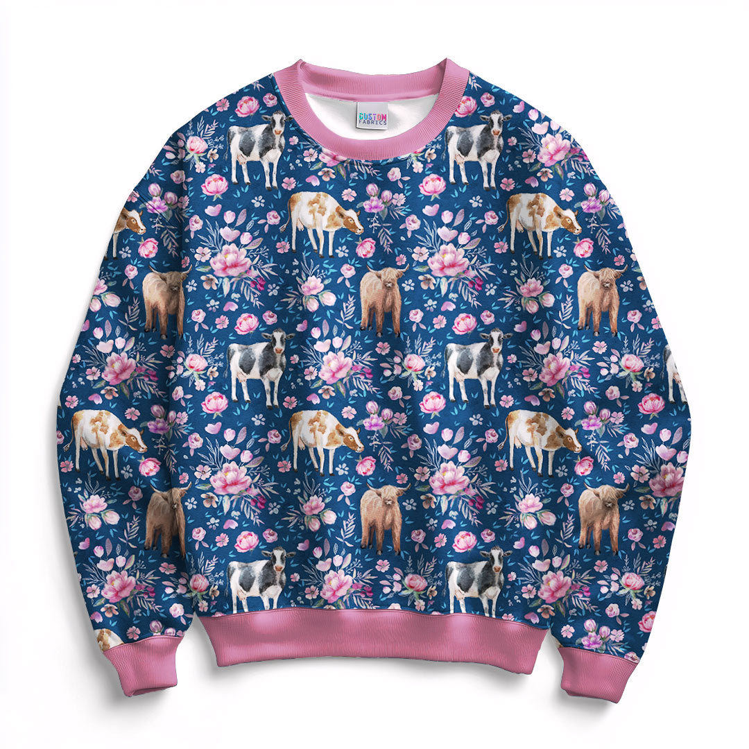 Floral Cows Navy Fabric