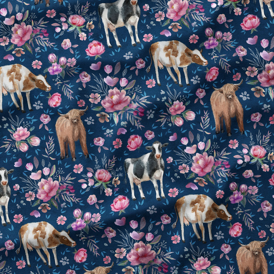 Floral Cows Navy Fabric