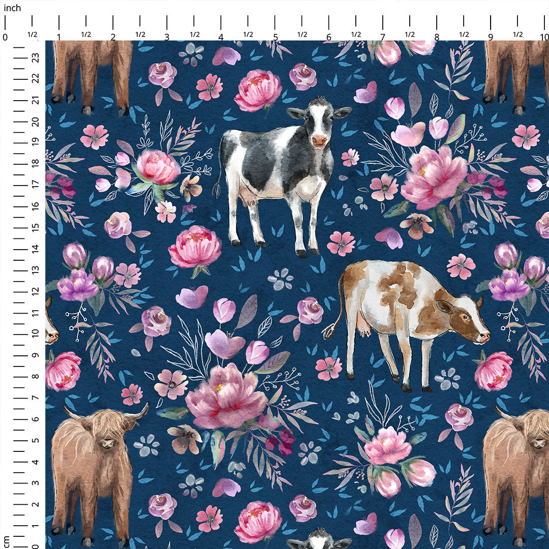 Floral Cows Navy Fabric
