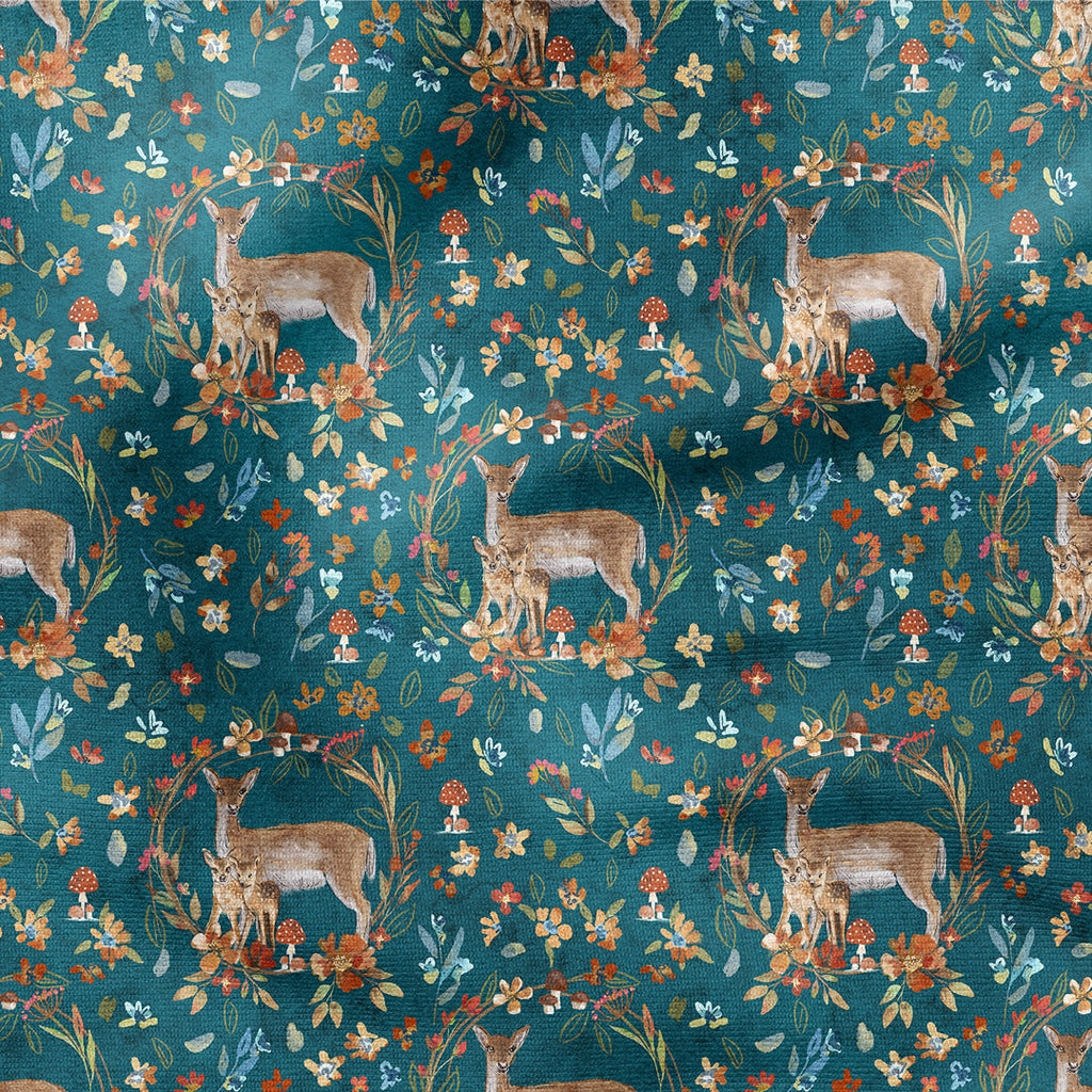 Floral Deer Teal Fabric