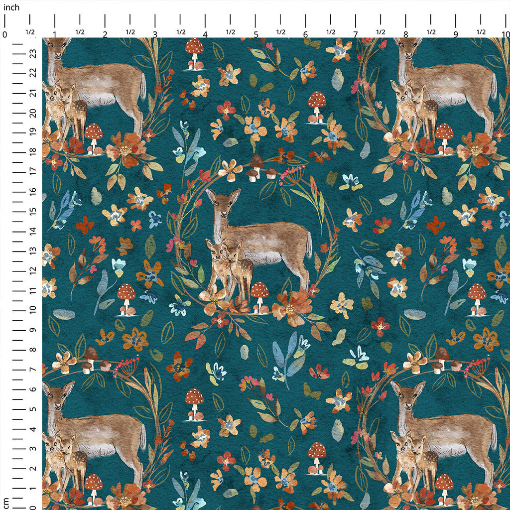 Floral Deer Teal Fabric