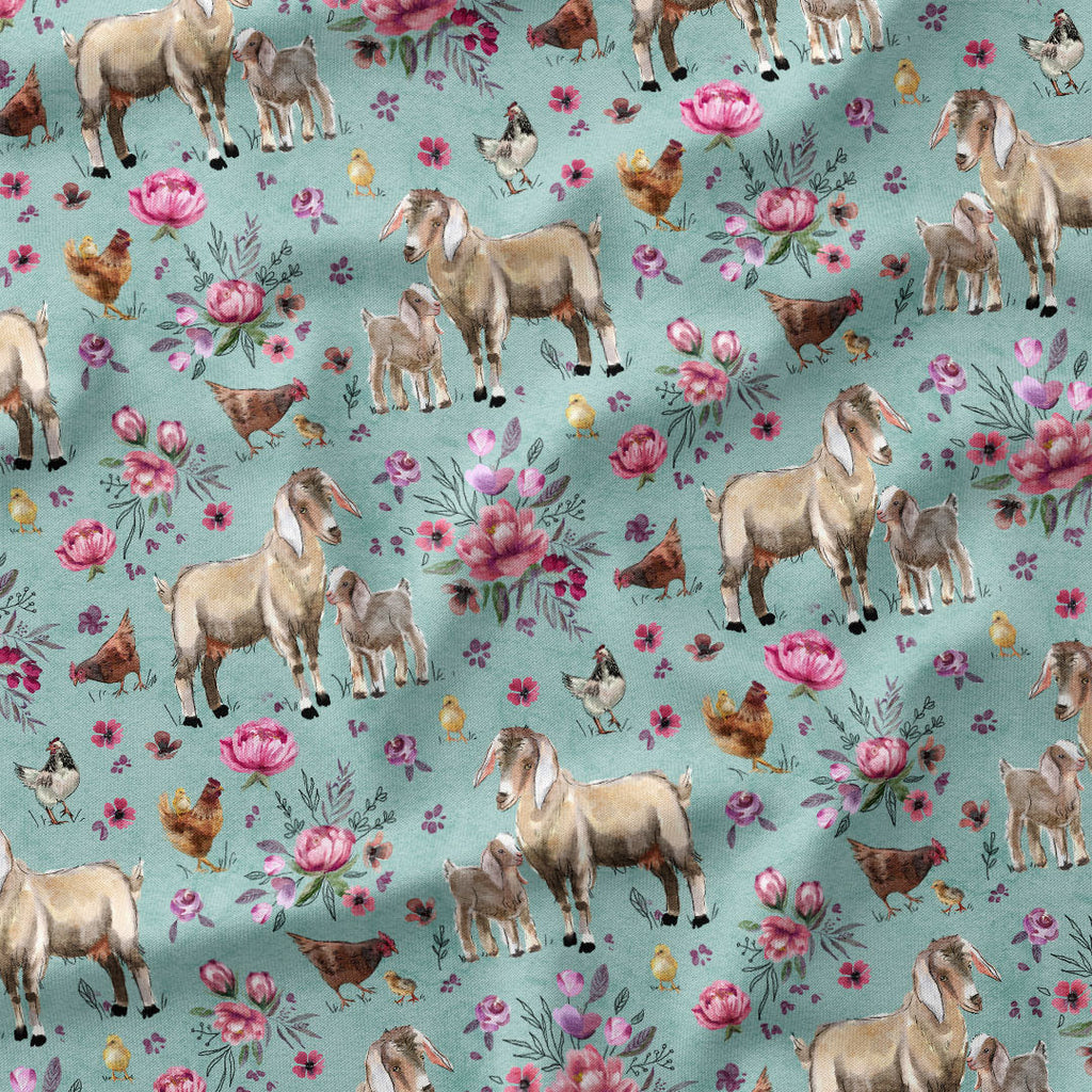 Floral Goats Mint Fabric