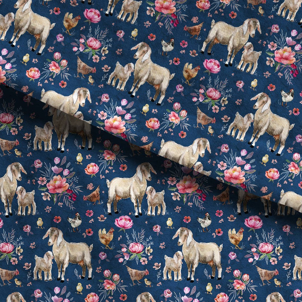 Floral Goats Navy Fabric