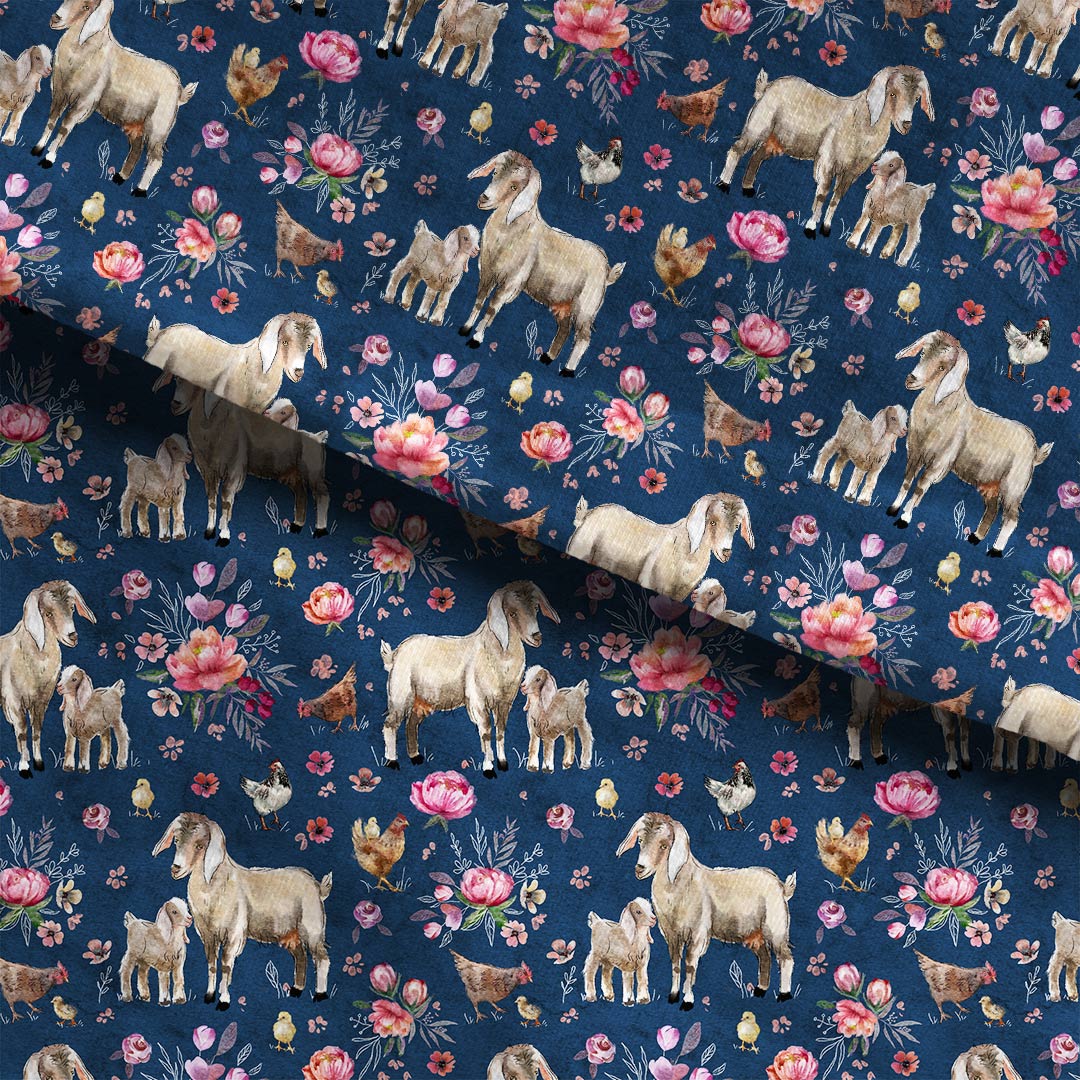 Floral Goats Navy Fabric