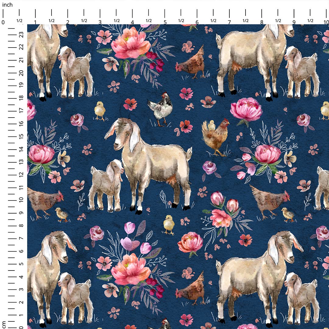 Floral Goats Navy Fabric