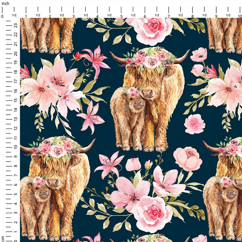 Floral Highland Cow Navy Fabric