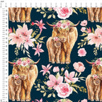 Floral Highland Cow Navy Fabric