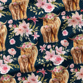 Floral Highland Cow Navy Fabric