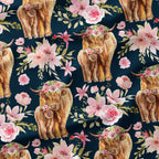 Floral Highland Cow Navy Fabric