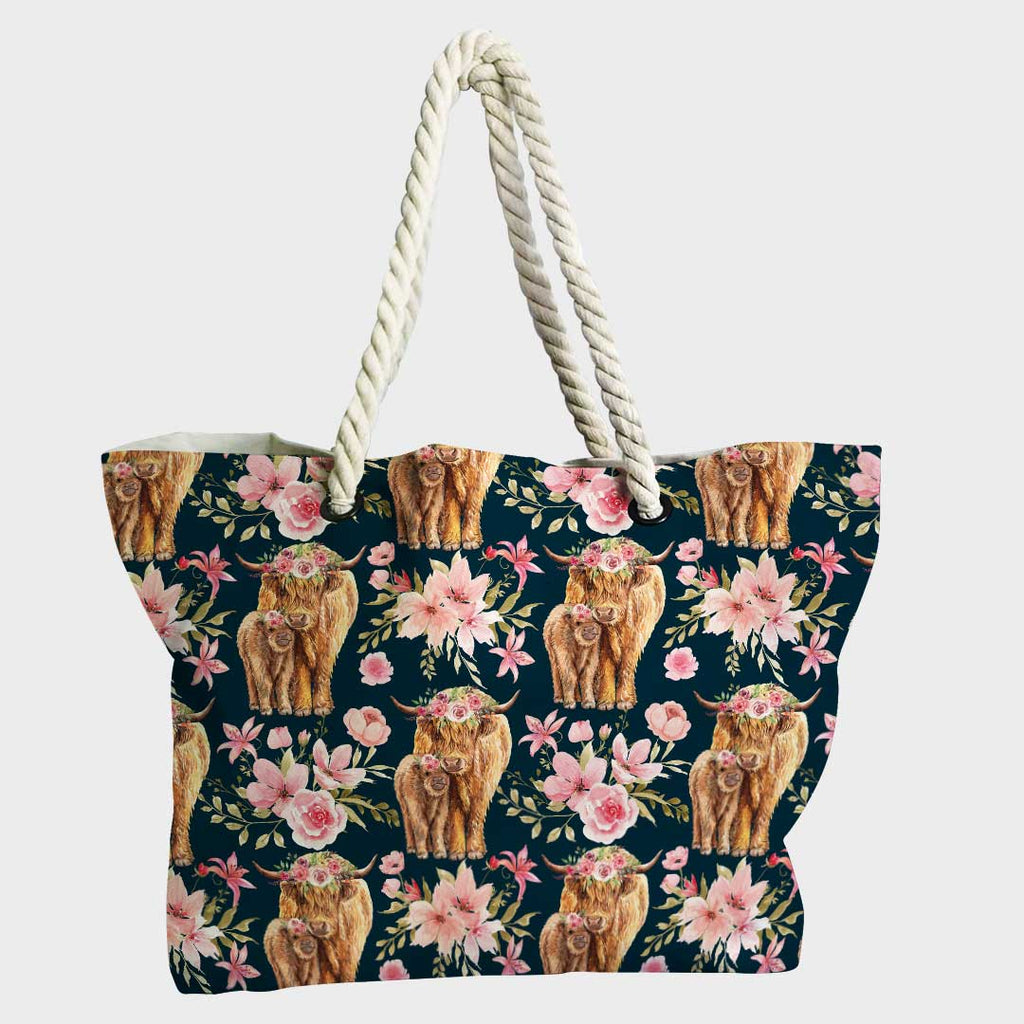Floral Highland Cow Navy Fabric