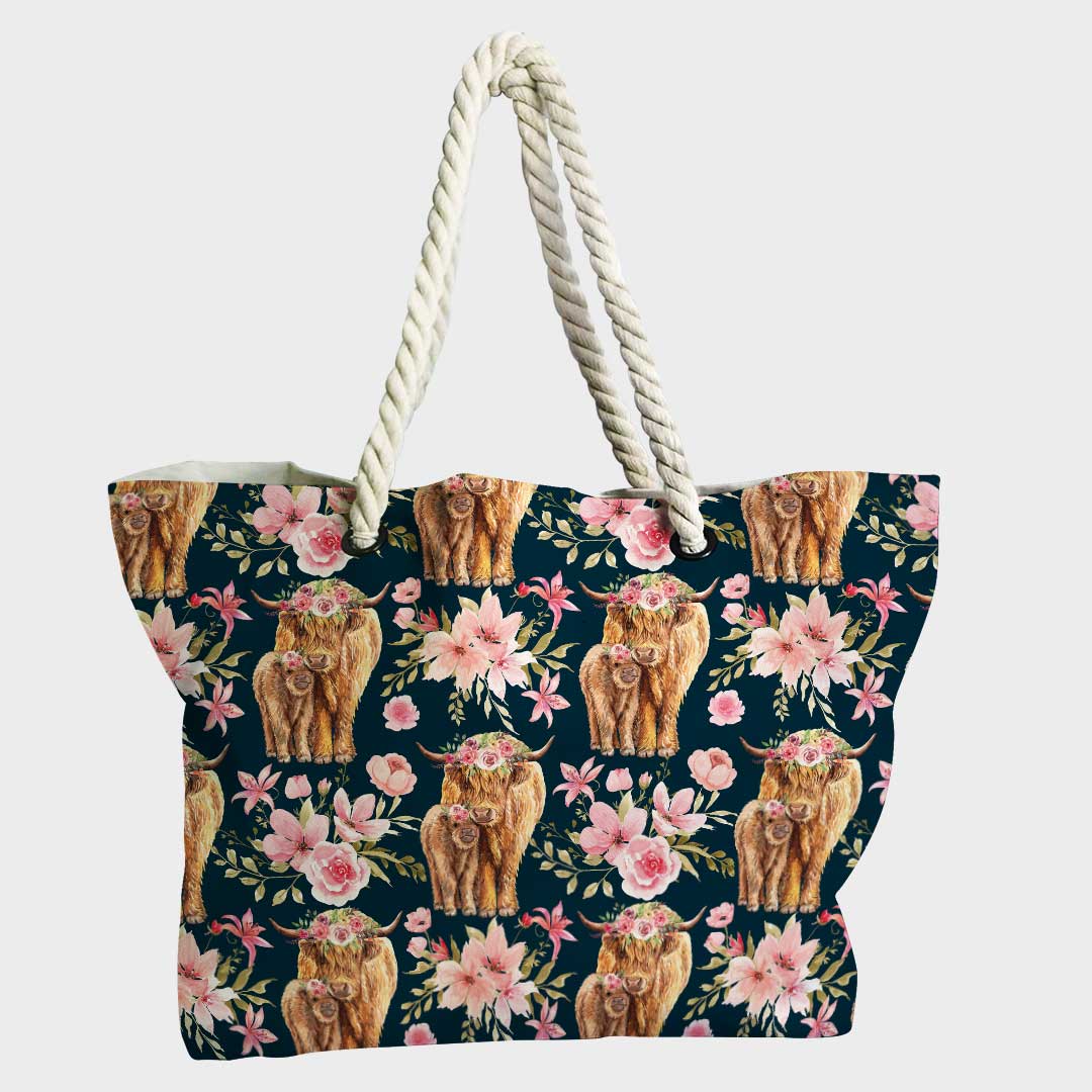Floral Highland Cow Navy Fabric