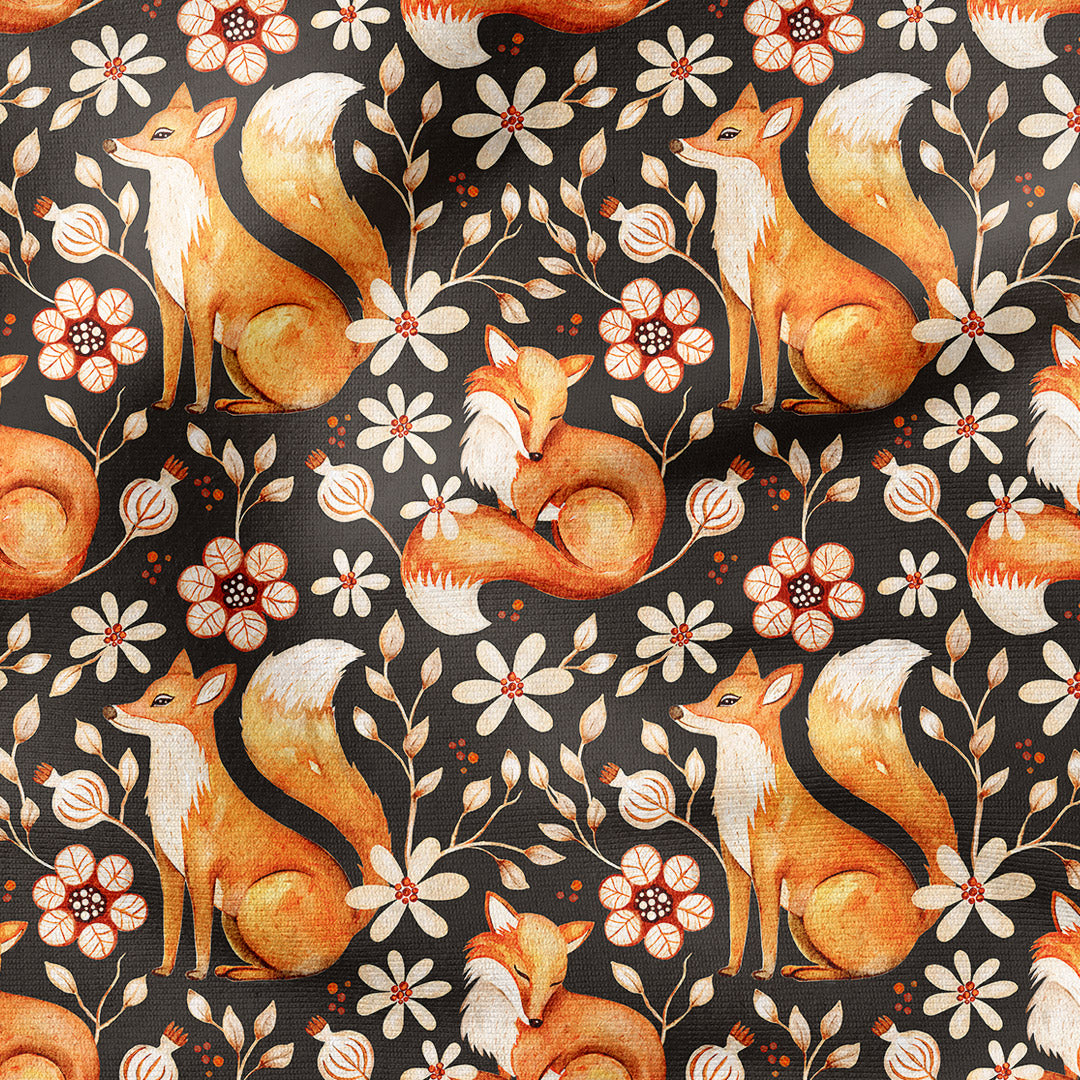 Foxes and Flowers Brown Fabric