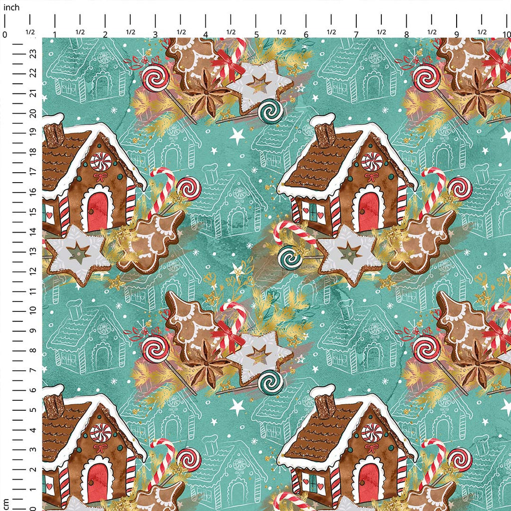 Gingerbread House Teal Fabric
