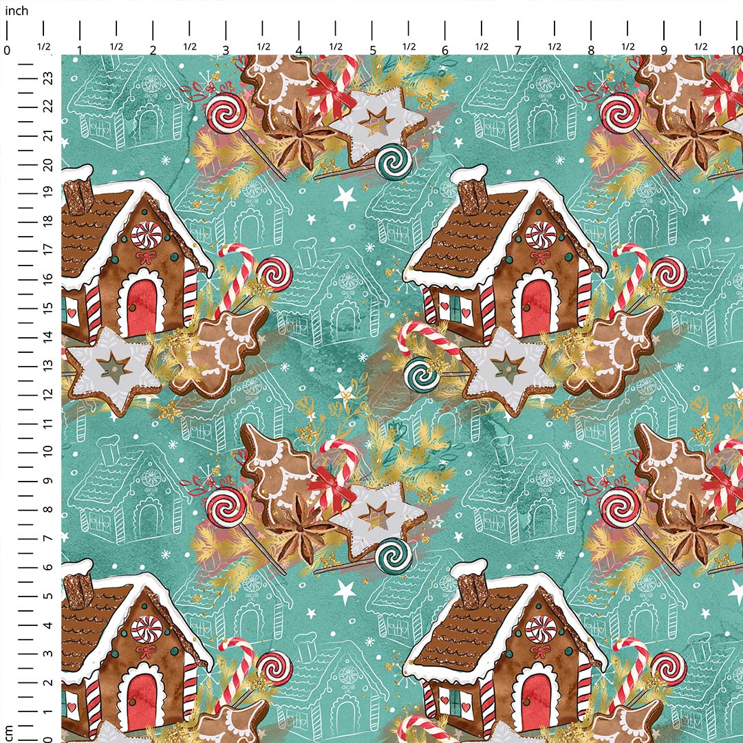 Gingerbread House Teal Fabric