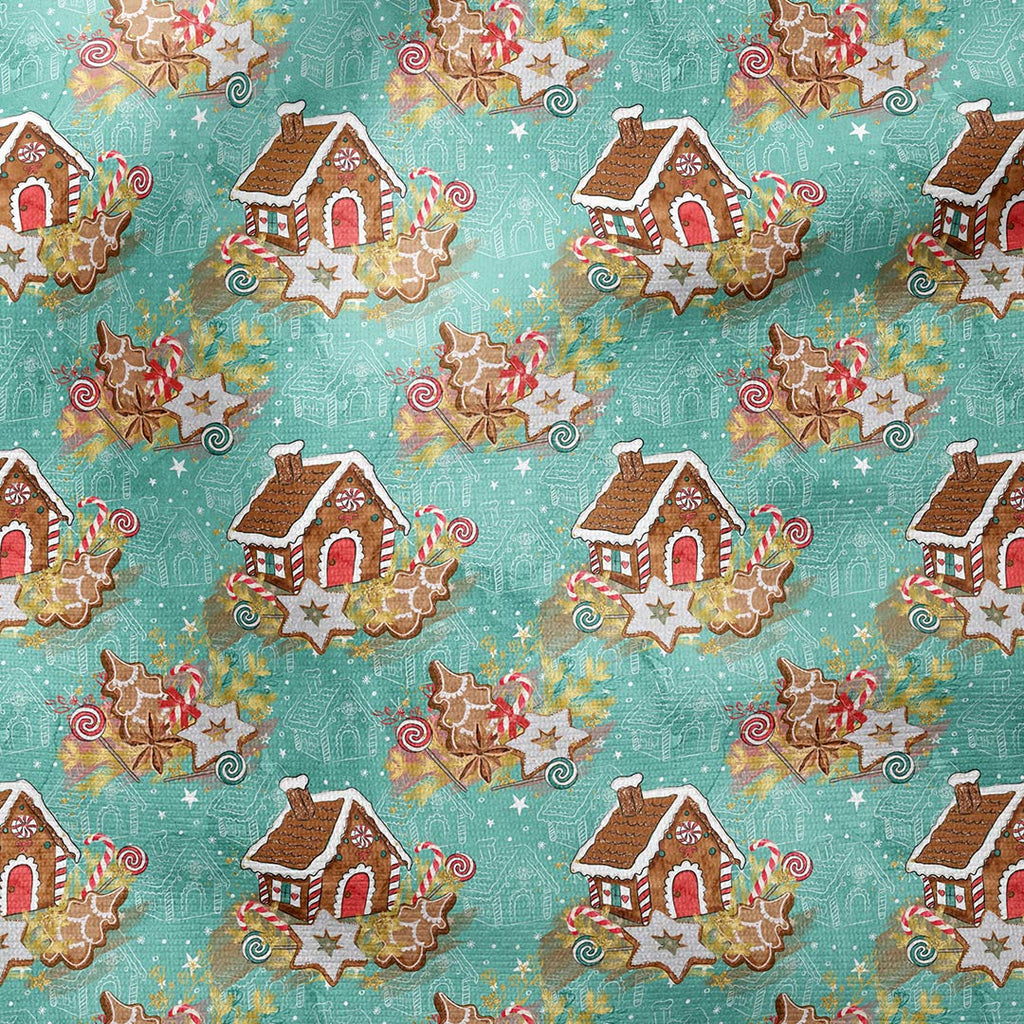 Gingerbread House Teal Fabric
