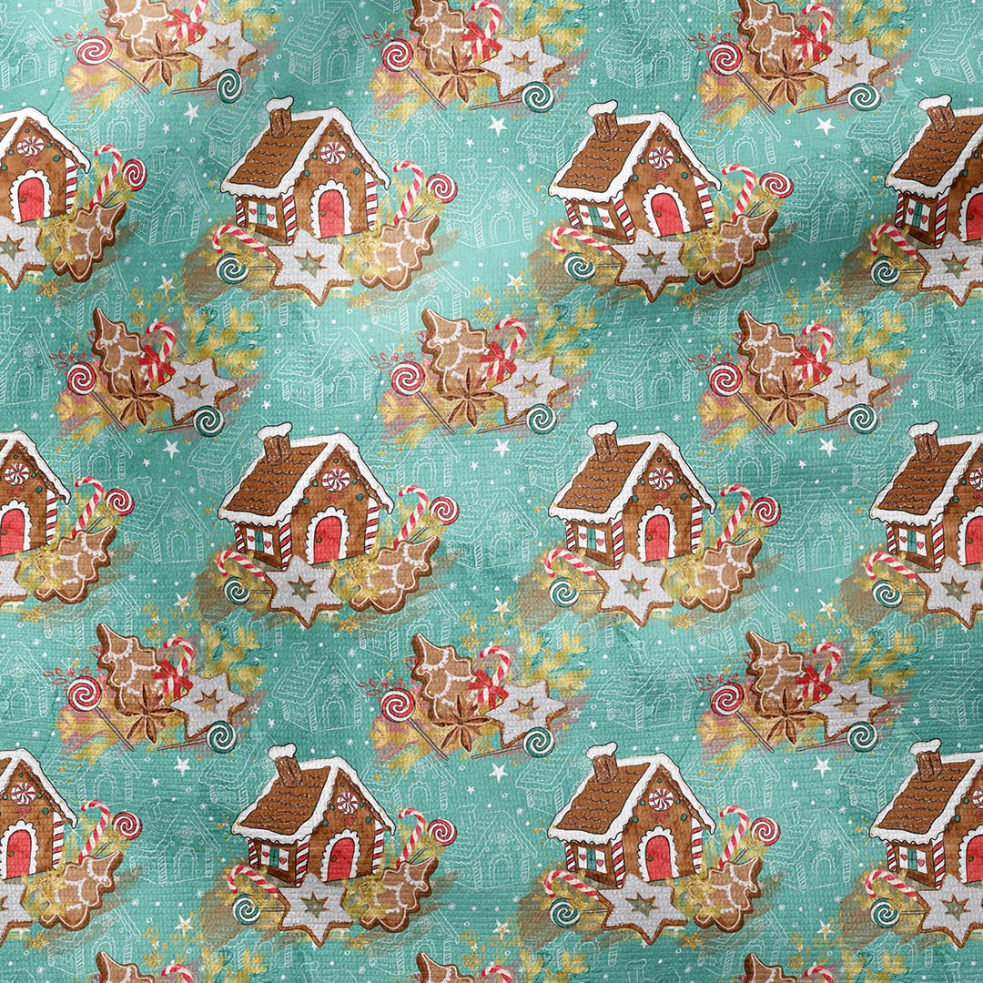 Gingerbread House Teal Fabric