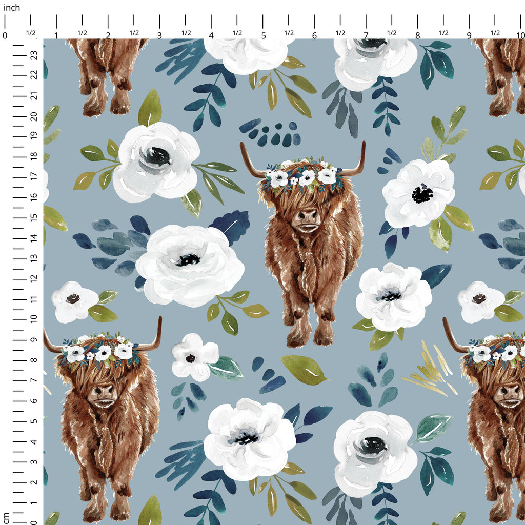Highland Cows Blue Fabric