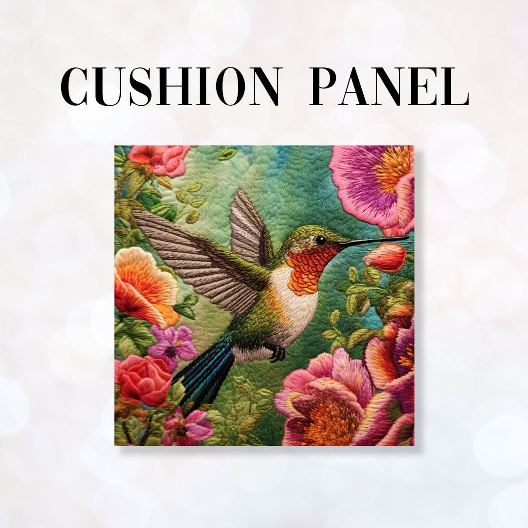 CUSHION Fabric Panel Embroidered Hummingbird 1