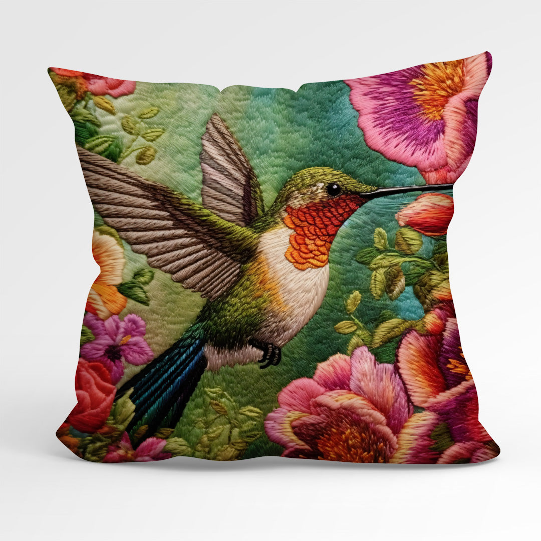 CUSHION Fabric Panel Embroidered Hummingbird 1