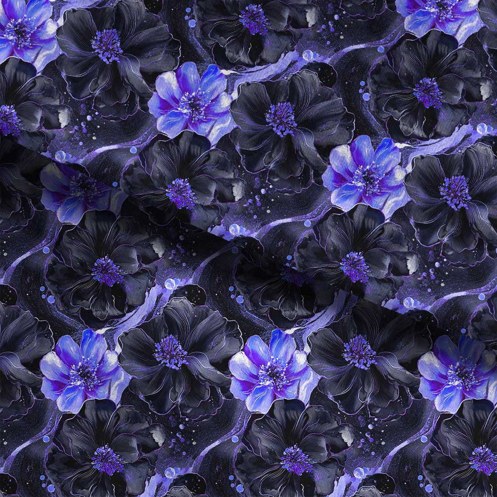 Inky Flowers Black and Purple Fabric