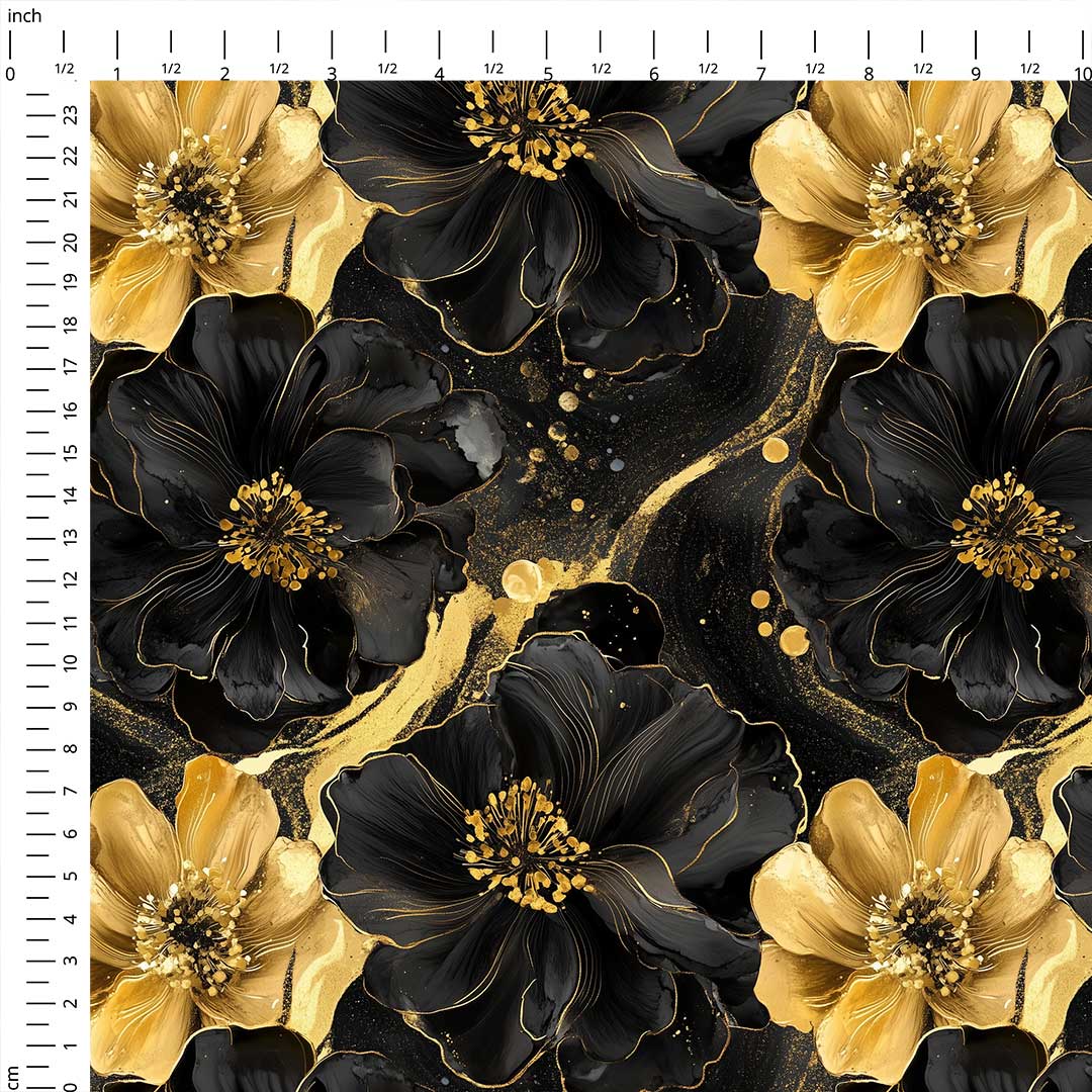 Inky Flowers Black and Gold Fabric