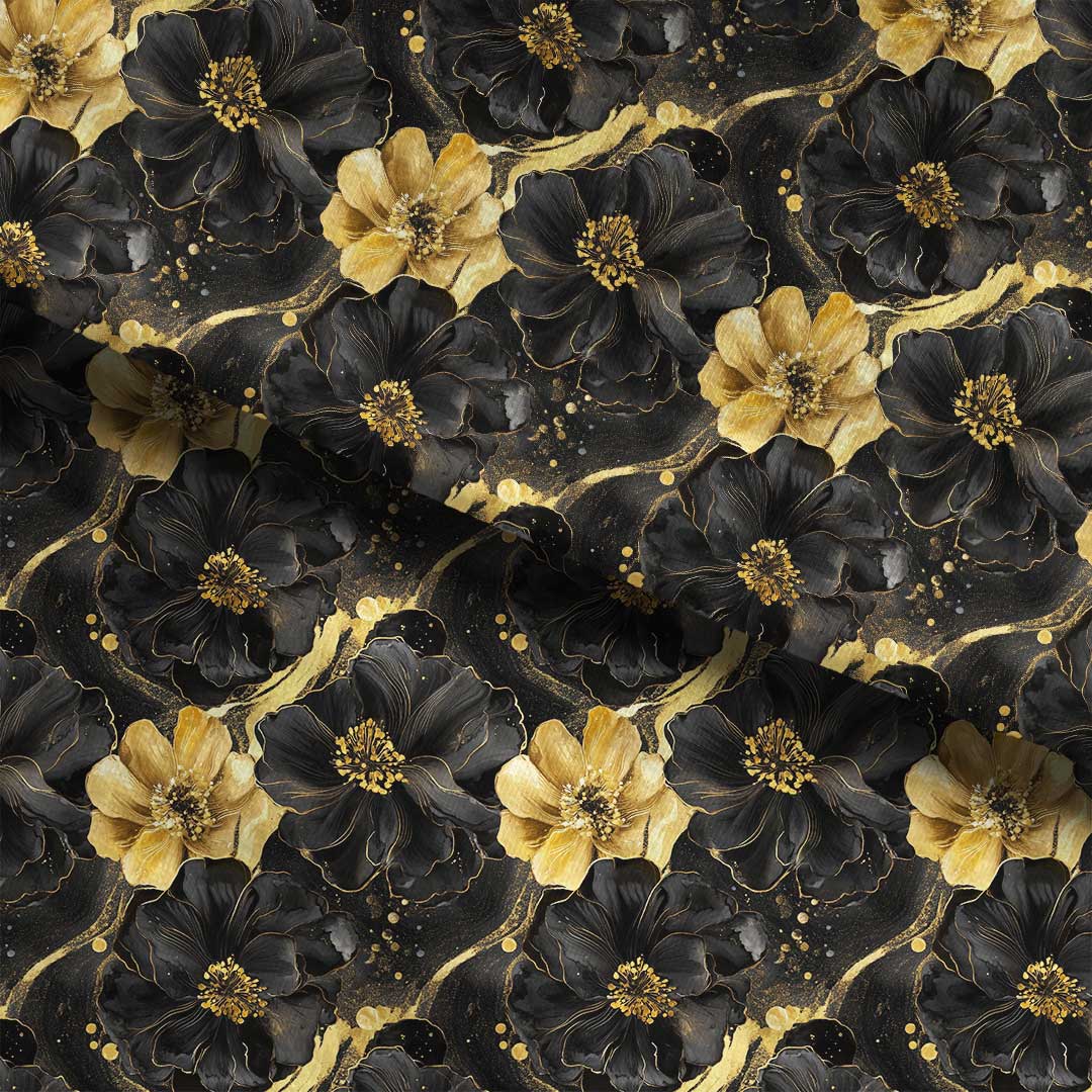 Inky Flowers Black and Gold Fabric