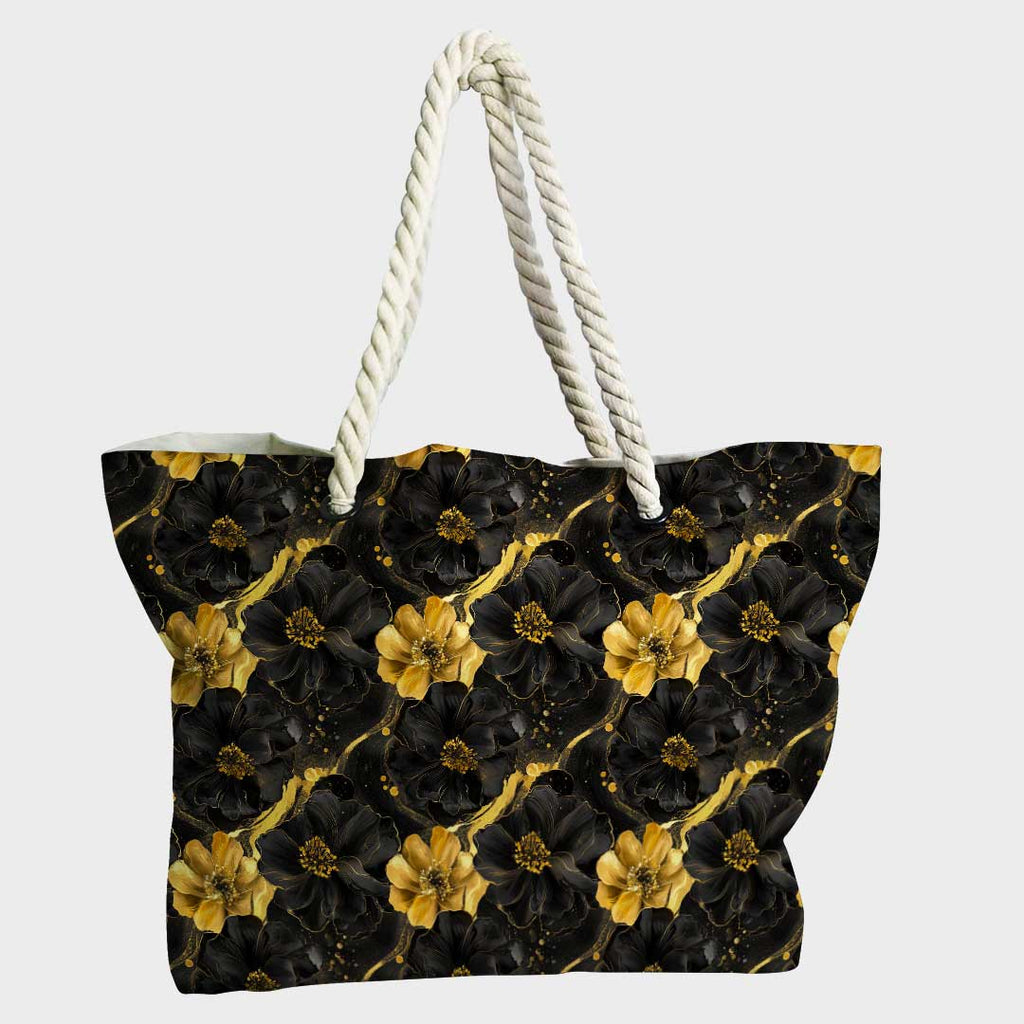 Inky Flowers Black and Gold Fabric