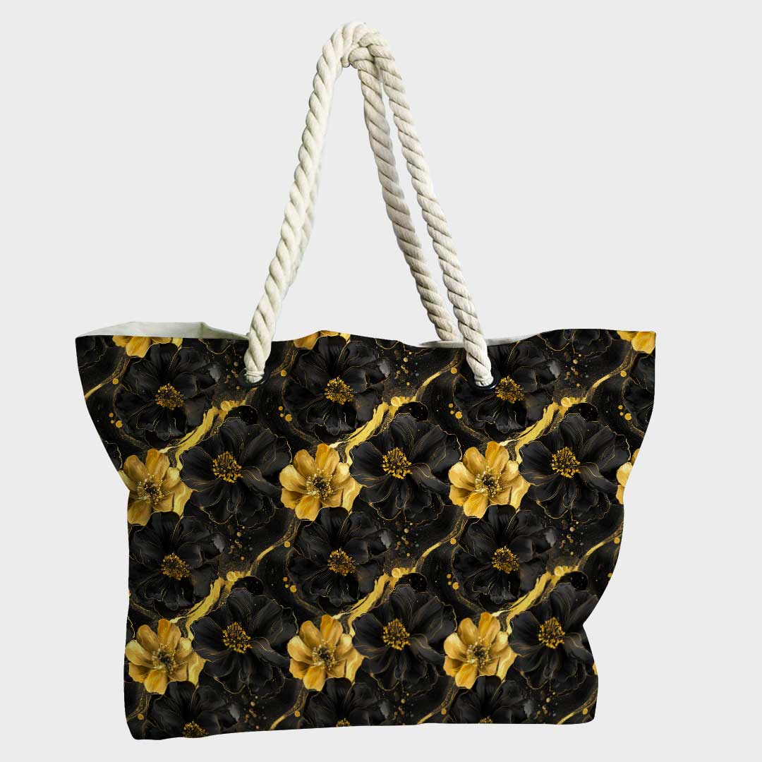 Inky Flowers Black and Gold Fabric