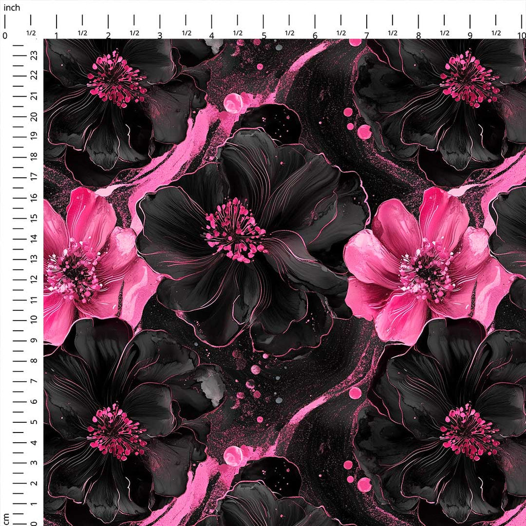 Inky Flowers Black and Pink Fabric