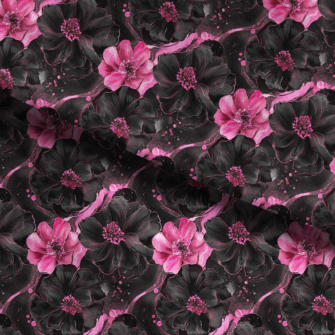 Inky Flowers Black and Pink Fabric