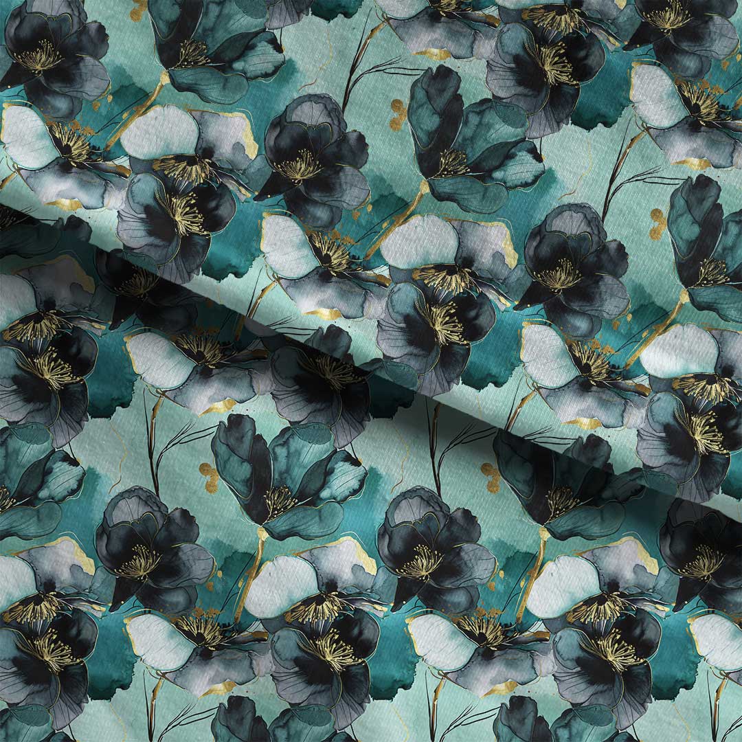 Inky Flowers Teal Fabric