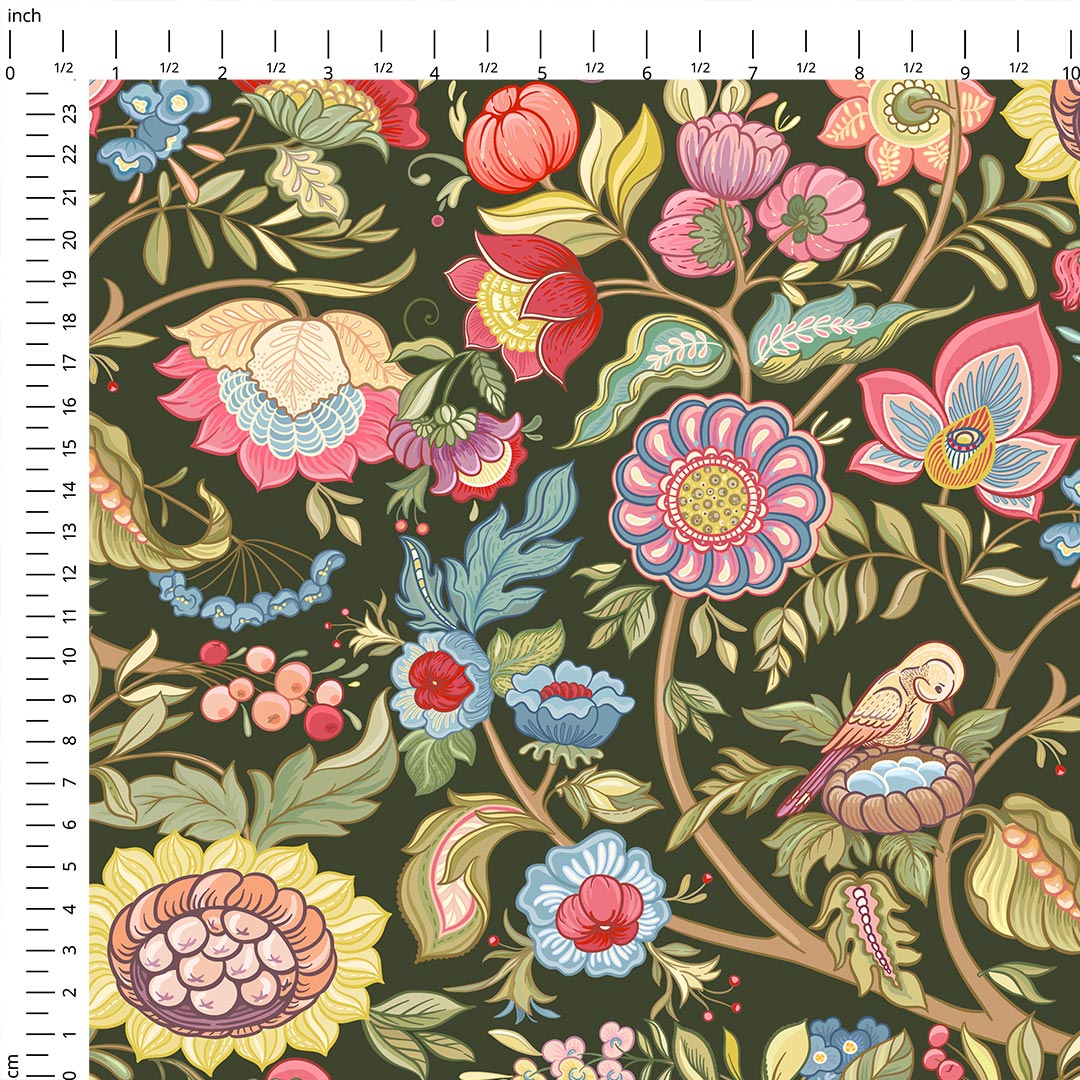 Jacobean Floral Green Fabric