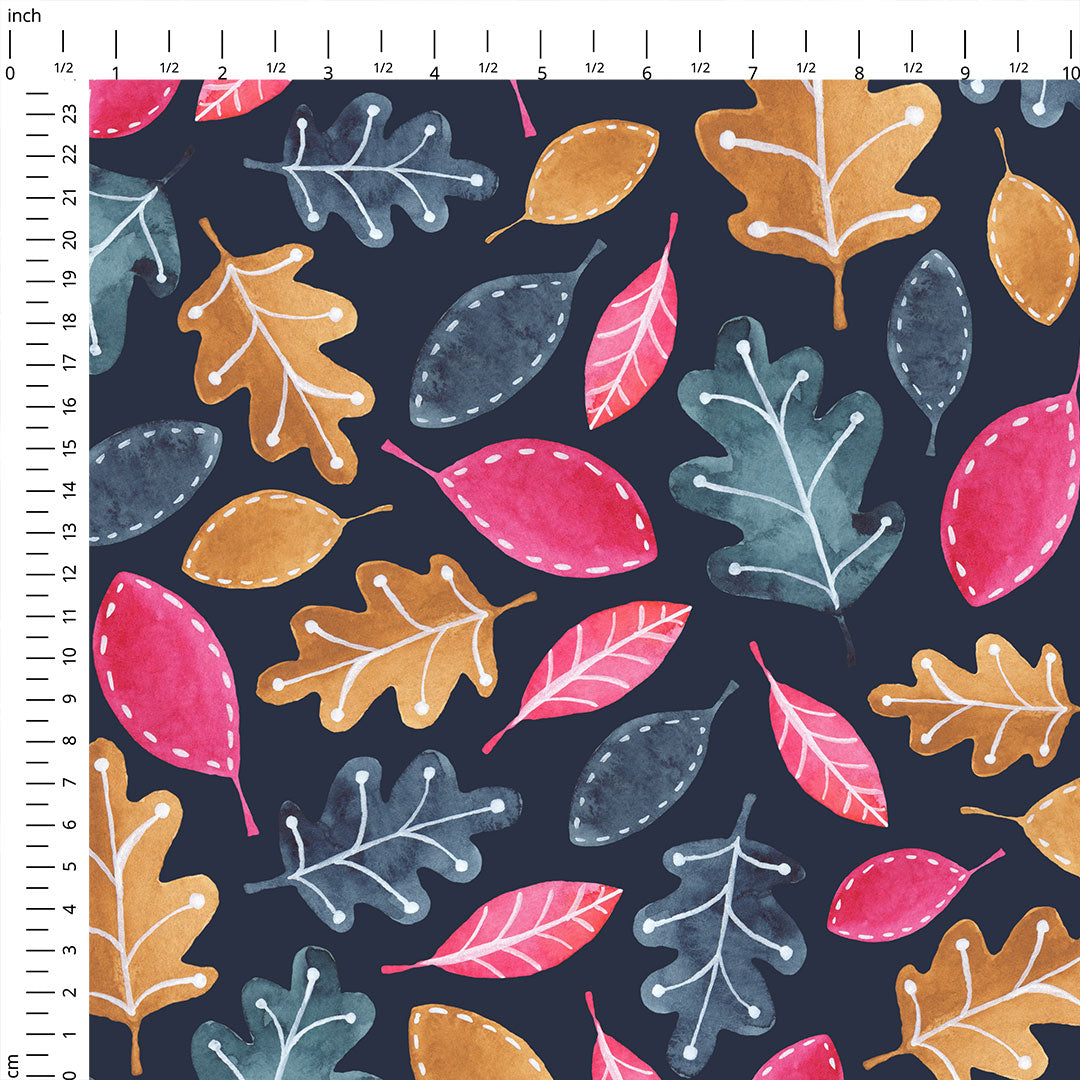 Whimsical Woodland Leaves on Navy Fabric
