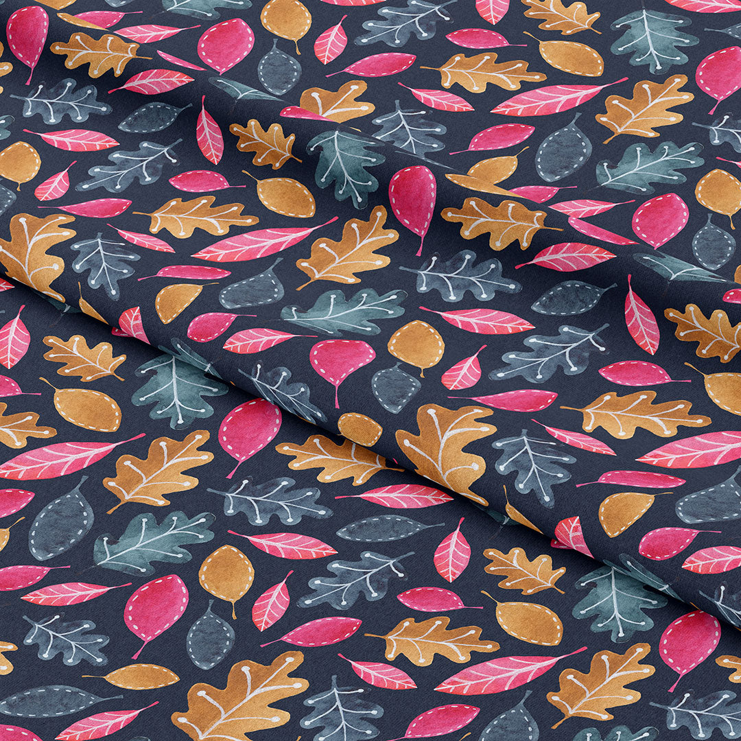 Whimsical Woodland Leaves on Navy Fabric