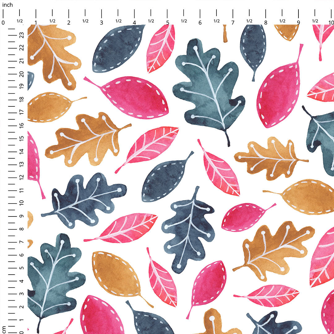 Whimsical Woodland Leaves on White Fabric