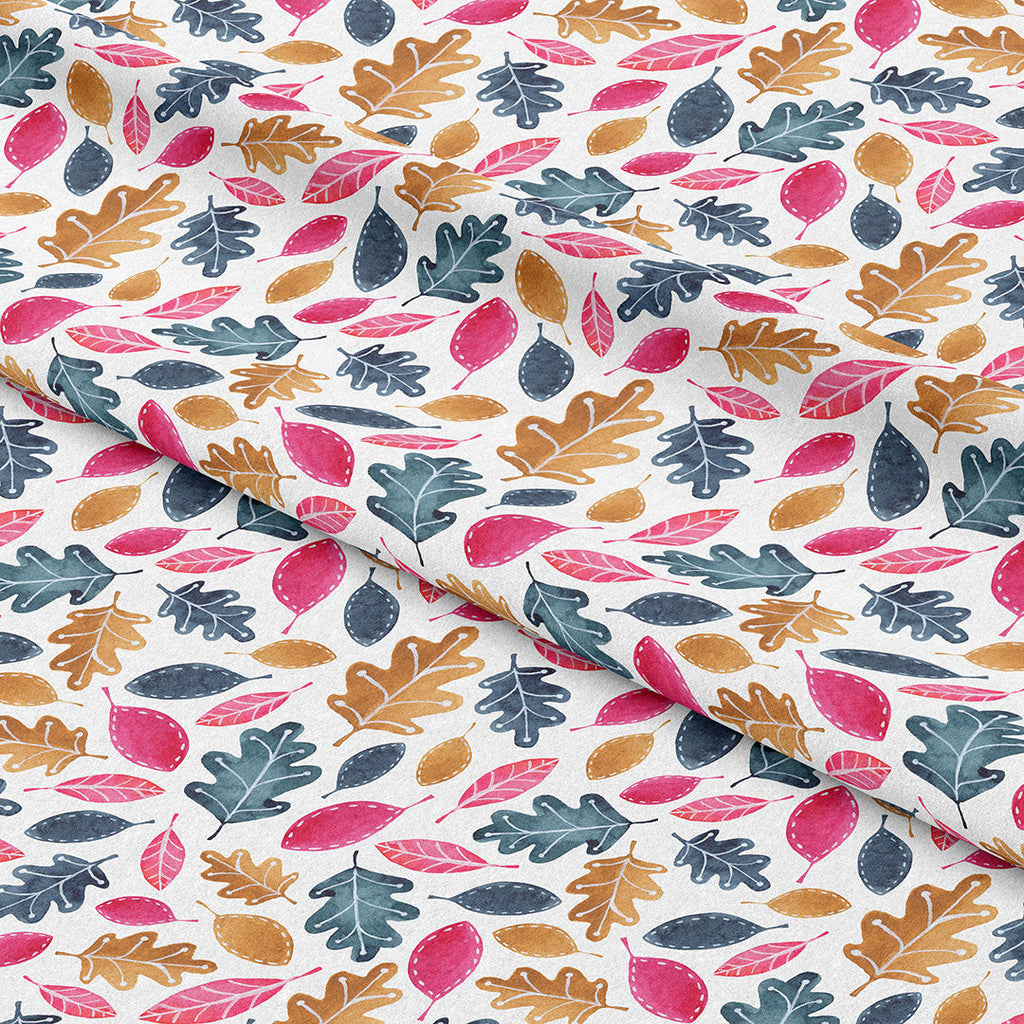 Whimsical Woodland Leaves on White Fabric