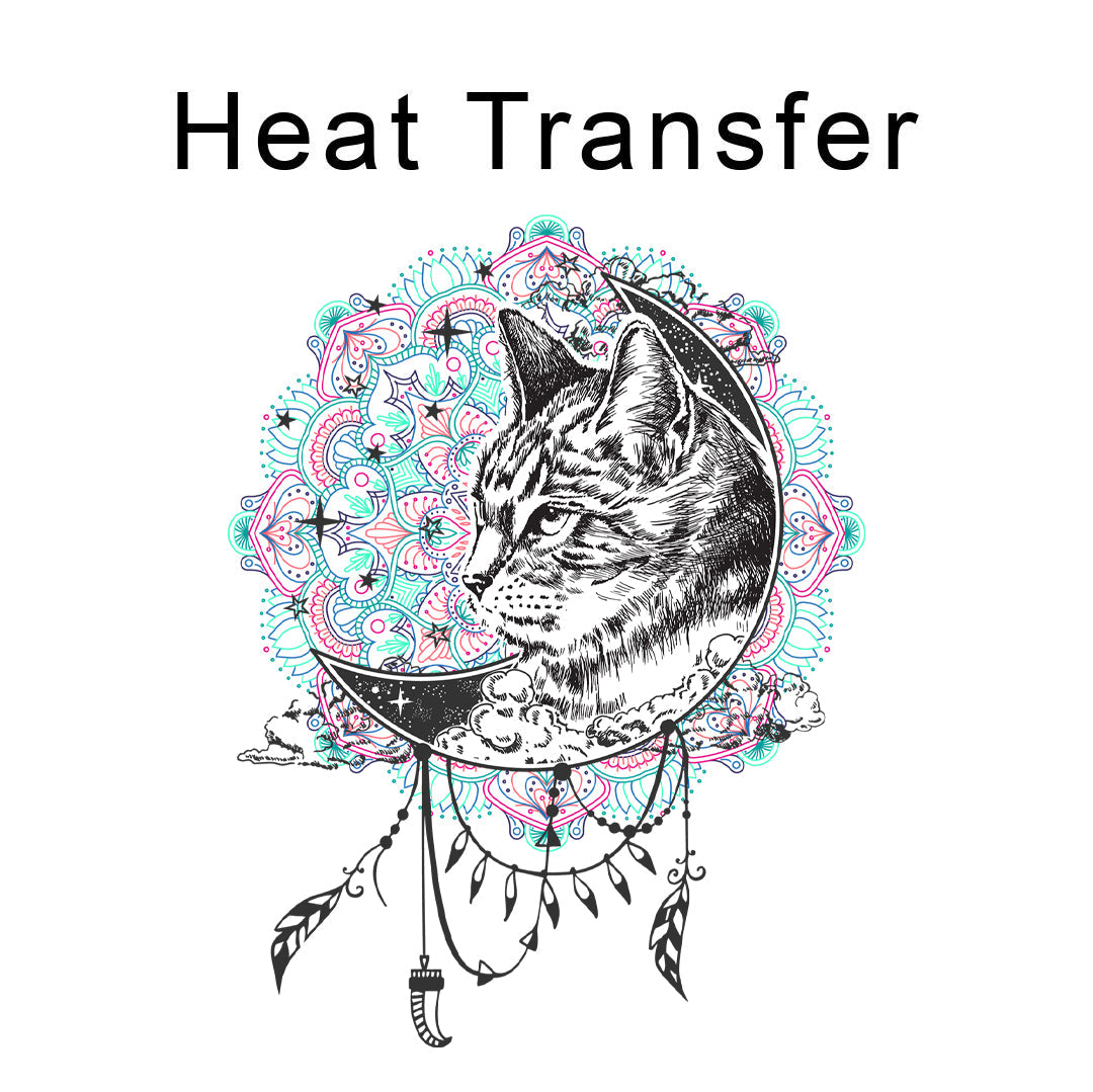 Lino Print Cat and Moon Iron on Fabric Heat Transfer DTF-202