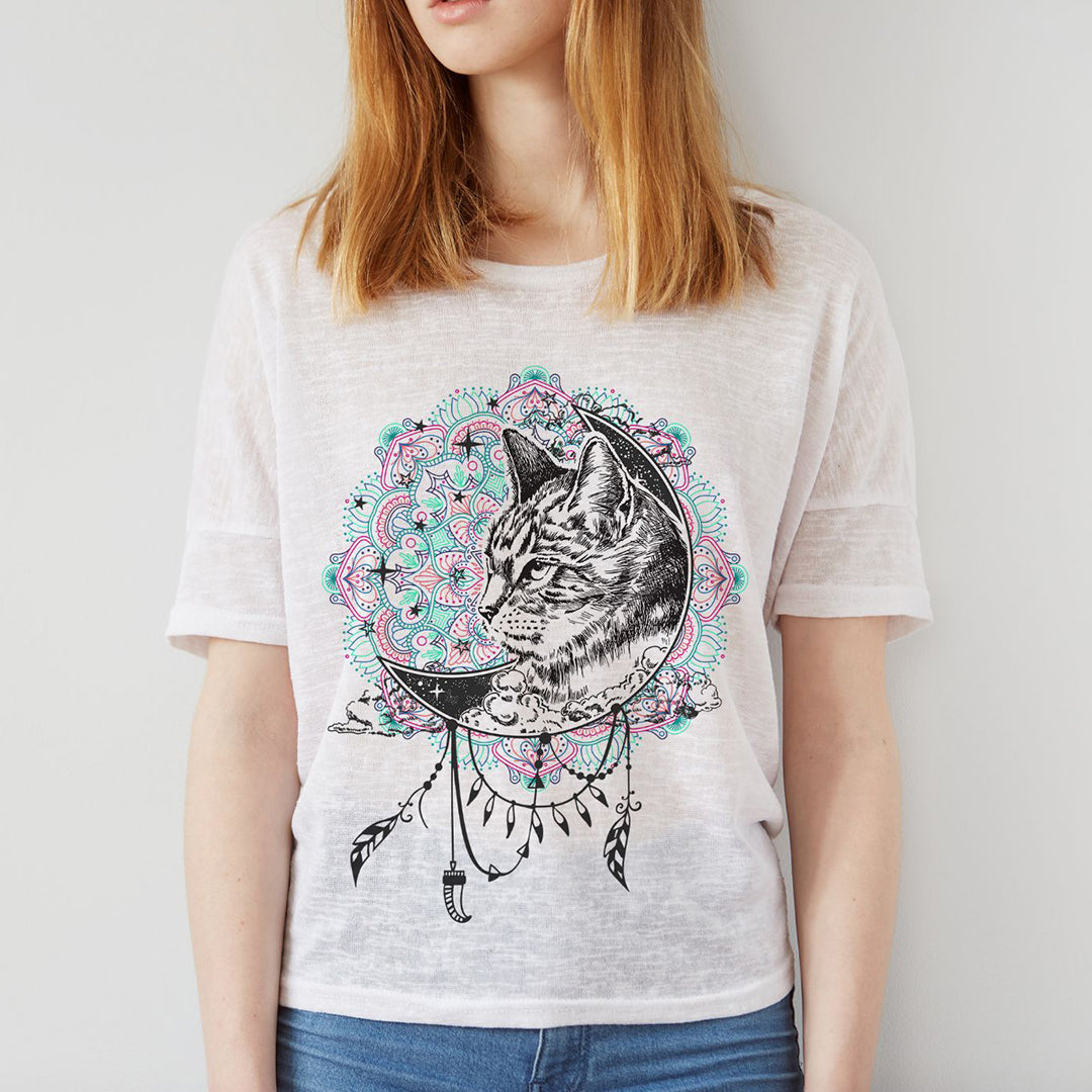 Lino Print Cat and Moon Iron on Fabric Heat Transfer DTF-202