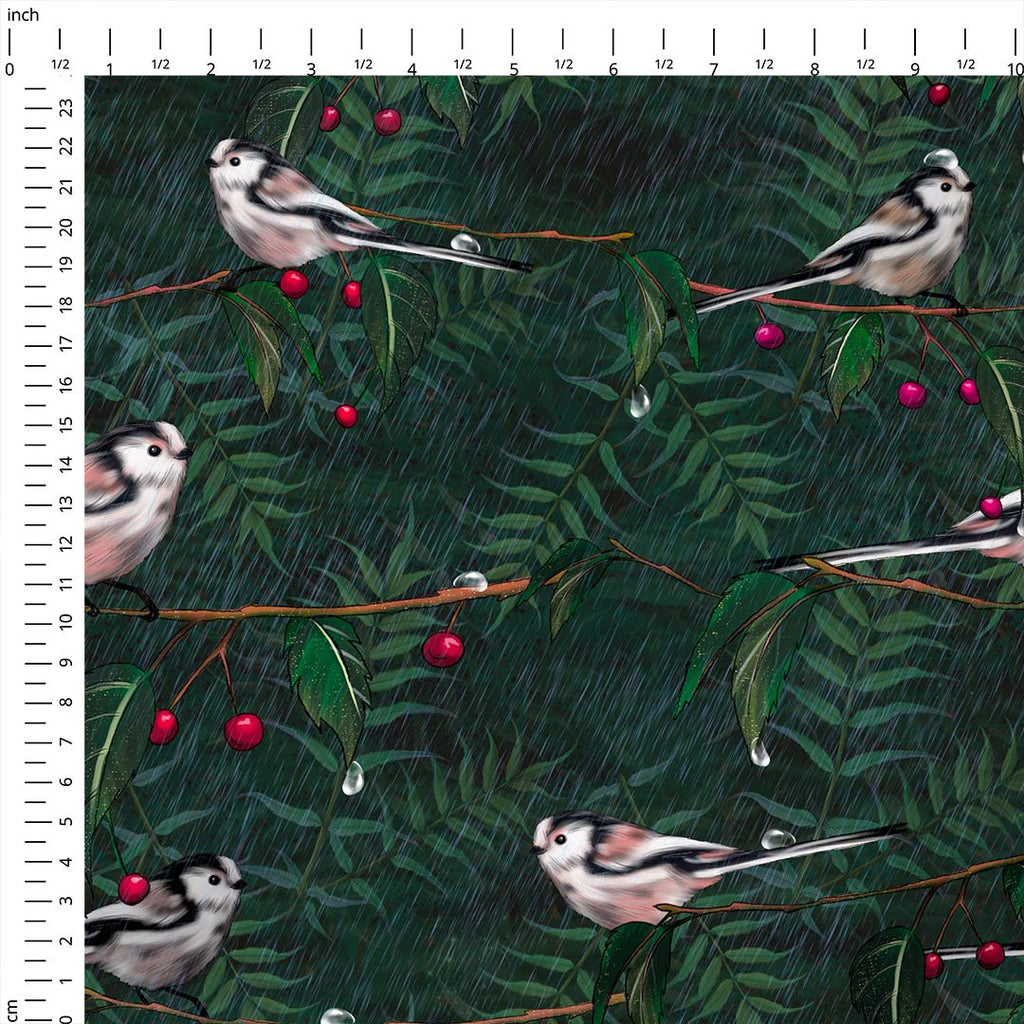 Long Tailed Tit Green Fabric